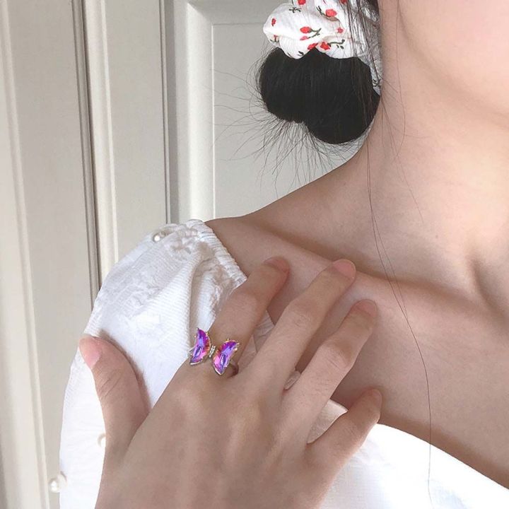 เกาหลีมีสไตล์-pingchuishop-คริสตัลไล่ระดับสีสำหรับผู้หญิงแฟชั่นผีเสื้อแหวนนิ้วเครื่องประดับแหวนปรับขนาดได้