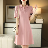 Fast Shipping Polo Led A Thin Mid -Length Dress Female 2023 Summer New Color Matching Fashion Versatile Big Skirt Cotton