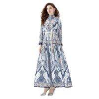 Womens Dress New Fashion 2023 Holiday Style Standing Neck Lantern Sleeves Wave Edge Long Printed Dress