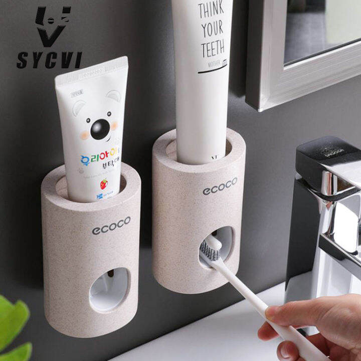 ecoco-automatic-toothpaste-dispenser-dust-proof-toothbrush-holder-wheat-straw-wall-mounted-toothpaste-squeezer-for-bathroom