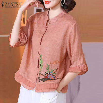 (สินค้ามาใหม่)(จัดส่งฟรี)Fancystyle ZANZEA เสื้อปักเสื้อเบล้าส์แบบลำลองคอตั้งแขน3/4วินเทจของผู้หญิง #8