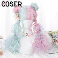 【COSER 77】วิกผมคอสเพลย์โลลิต้าสังเคราะห์ ผมหน้าม้า ยาวหยักศก สีเขียวอ่อน OMbre สีชมพู สําหรับผู้หญิง