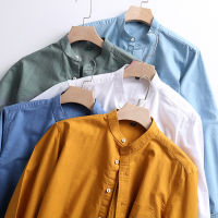 Mens Casual Shirt Cotton Oxford Stand Collar Shirts Harajuku Japanese Korean Long Sleeve Shirt Mens Solid Color Blouse Tops