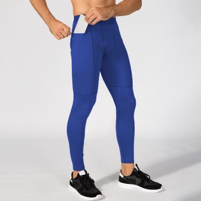 ถุงน่องสำหรับเล่นกีฬาผู้ชายกางเกงรัดรูป Crossfit สำหรับวิ่งแบบแห้งกางเกงรัดกล้ามเนื้อของบุรุษมีกระเป๋าสำหรับผู้ชายเลกกิ้ง2023สำหรับยิมชายสีฟ้า