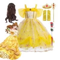 Disney Belle Princess Dress for Girl Kids Floral Ball Gown Child Cosplay Bella Beauty and The Beast Costume Halloween Party