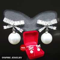 Inspire Jewelry ,ต่างหูเพชร งานDesign รูปโบว์ ตัวเรือนหุ้มทองคำขาว ประดับเพชรหลอดCZ งานจิวเวลลี่เลิศหรู  ขนาด  1.5 CM  พร้อมกล่องกำมะหยี่ มีจำกัด