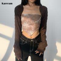 {Warm scarf}Karrram Vintage Cardigan เสื้อคลุม Tie Dye ไม่สม่ำเสมอ Camisole 2ชิ้นชุดออกแบบโซ่เซ็กซี่ Slim Crop Top ผู้หญิงผ้าพันคอ Streetwear