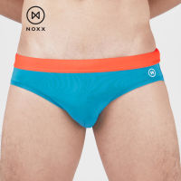 Noxx Swim Briefs: กางเกงว่ายน้ำชาย ทรงบรีฟ สีฟ้า ขอบเอวส้ม