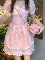 Summer Floral Kawaii Party Mini Dress Women Print Pink Korean Style Chic Fairy Dress Puff Sleeve Princess Sweet Cute Dress 2022