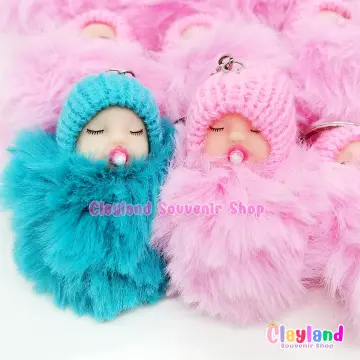 LOVE Webbing Cute Sleeping Baby Doll Keychain Pom Pom Rabbit Fur