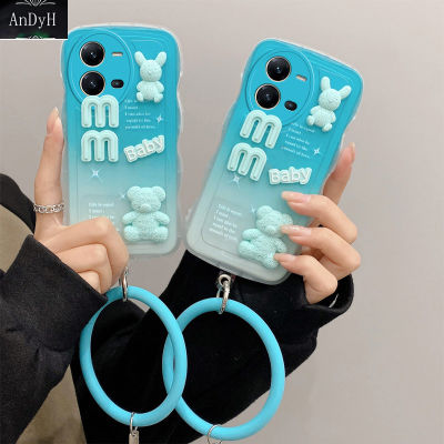 AnDyH New Design For Vivo V25 V25E Case 3D Cute Bear+Solid Color Bracelet Fashion Premium Gradient Soft Phone Case Silicone Shockproof Casing Protective Back Cover