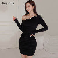 Black Sexy Mini Pencil Dress 2022 Spring Simple Diagonal Collar Decorative Buttons Stretch High Waist Tight Dress Women