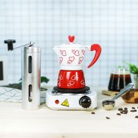 (ลายหัวใจ) ชุดเตาไฟฟ้ามินิสีขาว + กาต้มมอคค่าพอท Moka pot + เครื่องบดมือหมุน + 2-1 ช้อนตักกาแฟ