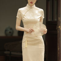 【CW】Summer Long Cheongsam Short Sleeve Dress Traditional Vintage Costumes Elegant Qipao Champagne S To XXL