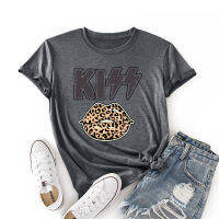 Woman Short Sleeve Colored Graphic Tees Summer T-Shirt Female Tops Shirts for Women Kiss with Leopard Lips Love Funny