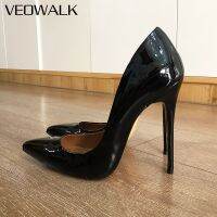 Veowalk รองเท้าส้นสูงสุดๆ14ซม. สำหรับผู้หญิงรองเท้าส้นเข็มปลายแหลมสีดำรองเท้าครอสเดรสขนาดใหญ่พิเศษขนาด41 47 48