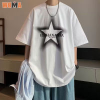 WOMA เสื้อยืดระบายอากาศได้สวมใส่สบายผ้าฝ้ายแขนสั้นคอกลมพิมพ์ลายผู้ชายแขนสั้นพิมพ์ลายดาวหล่อ