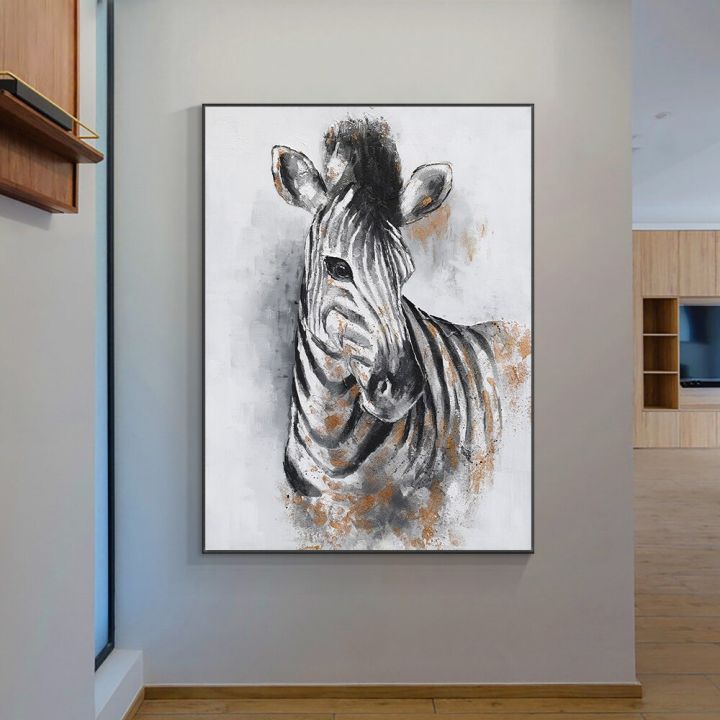 สีดำและสีขาวม้าลายภาพวาดสีน้ำมันบนผ้าใบสัตว์โปสเตอร์และพิมพ์ภาพผนังศิลปะสำหรับห้องนั่งเล่นตกแต่งบ้าน
