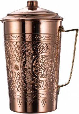 New CopperBull 2017 Heavy Gauge 1mm Solid Hammered Copper Water Moscow Mule Serving Pitcher Jug with Lid, 2.2-Quart (Engraved Copper)