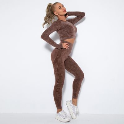 Workout Clothes for Women Seamless High Hip Lift Yoga Set Slim Fit Long Sleeve Crop Top Sexy Bubble Butt Sports Leggings