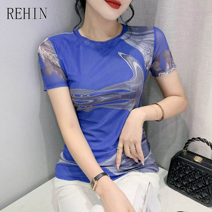 rehin-ผู้หญิงฤดูร้อนแฟชั่นตาข่ายพิมพ์ดอกไม้แขนสั้นเสื้อยืด-v-คอ-slim-และบาง-elegant-s-3xl-เสื้อ