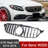 C63 GTR สไตล์กันชนหน้า Racing Grille สำหรับ Benz W205 C Class สีดำ เงินรถอุปกรณ์เสริม (ไม่มีกล้อง)