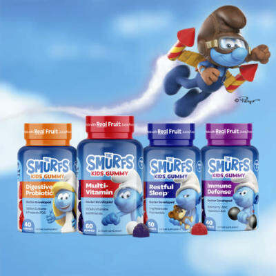 กัมมี่น้ำผลไม้ผสมวิตามินและโปรไบโอติก The Smurfs, Kids Gummy, Digestive Probiotic &amp; Multi-Vitamin