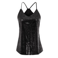 Stylish Bar เสื้อกล้ามผู้หญิงเลื่อม Glitter Strappy Tops สุภาพสตรีเซ็กซี่ Sparkle Camis V คอ Swing Vest Clubwear Party Night Tanks