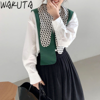 WAKUTA Irregular Dot Turn Down Neck Blouses Shirts Women Elegant Korean Design Long Sleeve Loose Tops Female Office Lady 9F678