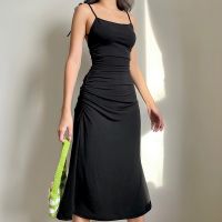 Fashion Strappy Ruched Sexy Black Dress Irregular Elegant Backless Long Dress Party Summer Dresses Women Clothes Vintage Dress