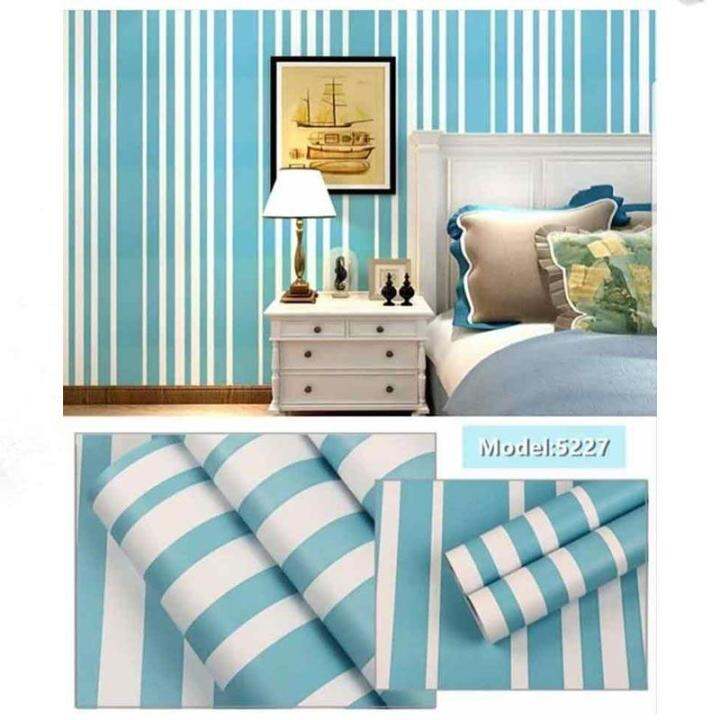 Wallpaper Sticker Dinding Garis Biru Putih Ukuran 10m X 45cm Lazada