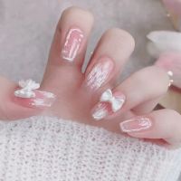 [COD] powder manicure patch diamond style bow nail piece lady detachable reusable fake nails wholesale