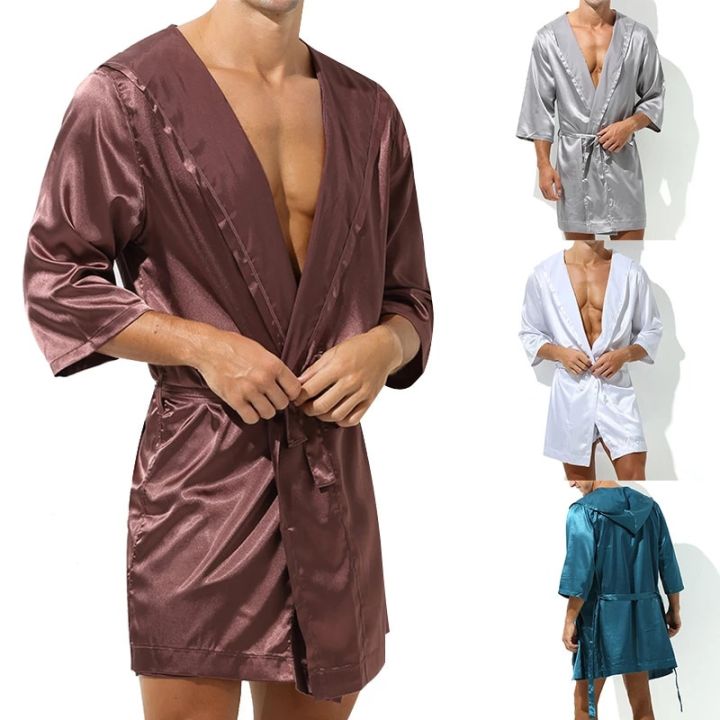 ชุดนอนเสื้อคลุมอาบน้ำผู้ชายผ้าไหมน้ำแข็งแขนสั้นสำหรับนอนในเลานจ์ผู้ชายแฟชั่นเสื้อคลุมอาบน้ำ