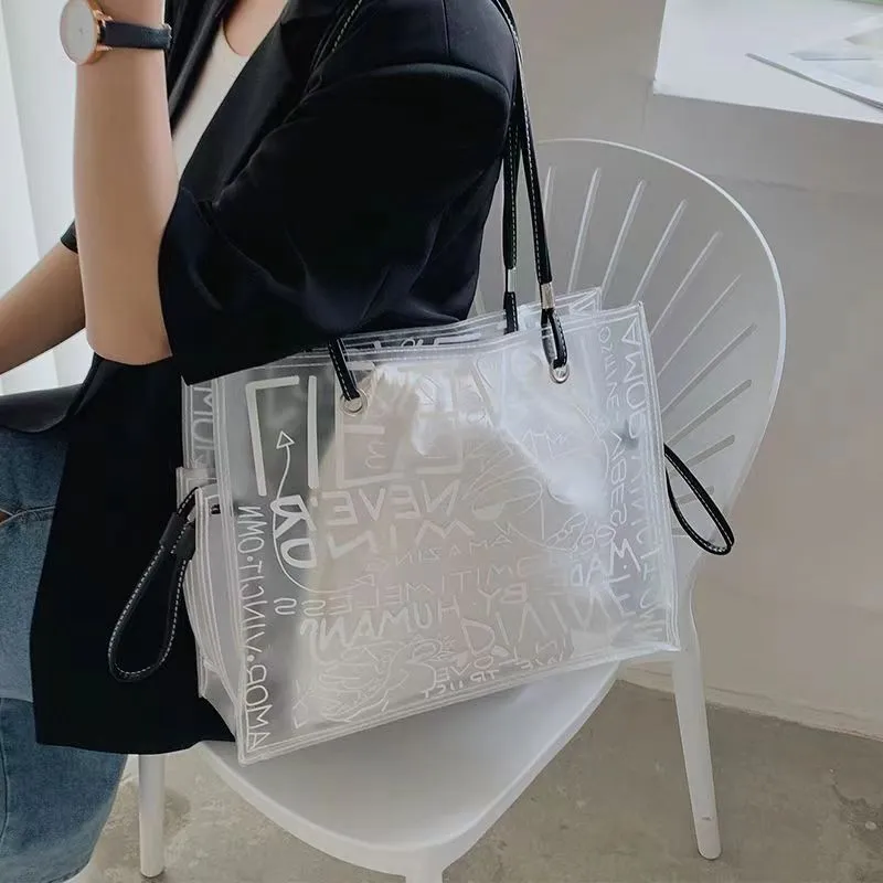 Ladies Transparent Tote Bag Graffiti Large Capacity Shoulder Bag