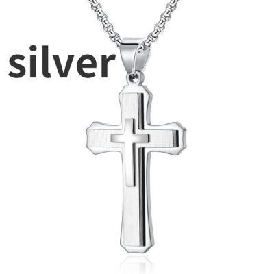 JDY6H Creative Men Double-layer Stainless Steel Cross Necklace Hip Hop Necklace for Men Stainless Steel Jewelry Halloween Party Gif