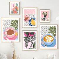 Coral Coffee Croissant Breakfast Kitchen Teacup Wall Art ภาพวาดผ้าใบโปสเตอร์และภาพพิมพ์สำหรับตกแต่งห้องนั่งเล่น-เพิ่มเสน่ห์และความอบอุ่นให้กับบ้านของคุณ