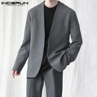 (Korean Style) INCERUN Mens Long Sleeve Collarless Henley Blazer Cardigan Open Front Coat Thin Jackets