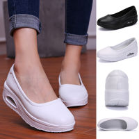 พยาบาลรองเท้าสำหรับใส่ทำงาน Sepatu Pantofel Kulit ผู้หญิงพื้นนุ่มสีขาว Sepatu Slip On พื้นนุ่มสบายหัวใจพยาบาลรองเท้าสีขาว