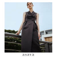 [asava aw22] Asava hourglass midi dress ชุดเดรส อาซาว่า ปกทักซิโด้ แขนกุด ตกแต่งกระดุมด้านหน้า จับจีบเอว ซิปหลัง