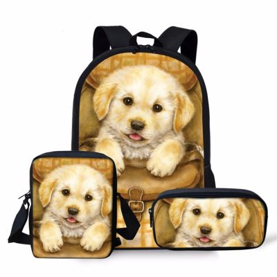 Cute Golden Retriever Dog Print Schoolbag Kids 3pcs Set Backpack Student Infant Girl Boy School Bags