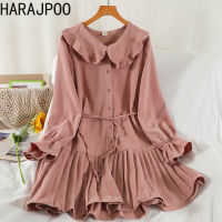 Harajpoo Clothes Ladies Preppy Style Pleated Tie Waist Autumn New  A Line Peter Pan Collar Knee Length Y2k Kawaii Dresses