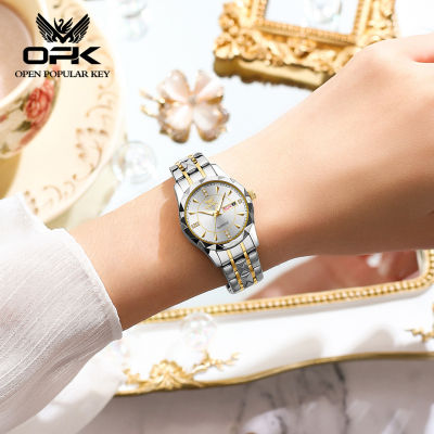 นาฬิกา OPK สำหรับผู้หญิงแฟชั่นกันน้ำแบบดั้งเดิมสไตล์เกาหลีปฏิทินคู่สแตนเลสเรืองแสงพร้อมกล่อง