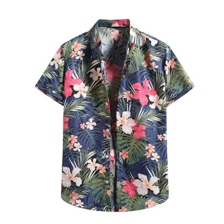 ชายเสื้อสเวตเตอร์ถักแขนสั้น-hawaiian-beach-เสื้อเชิ๊ตลายดอกไม้ผู้ชายเสื้อคอเต่าแนวโน้มเสื้อผ้าบุรุษสบายๆสบายๆเสื้อยืด