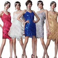 ❈❧❇ SIDAIMI 1920s Vintage Great Gatsby Party Sequin Dress Sexy V-Neck Summer Cami Dress Gold Fringe Dress Vestidos Flapper Costumes S-3XL