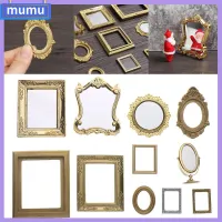 MUMU ของเล่น เครื่องประดับบ้านตุ๊กตา เฟอร์นิเจอร์ห้องน้ำวินเทจ 1:12 มาตราส่วน กระจกย้อนยุคจิ๋ว มินิโกลเดนเฟรม อุปกรณ์ตุ๊กตา