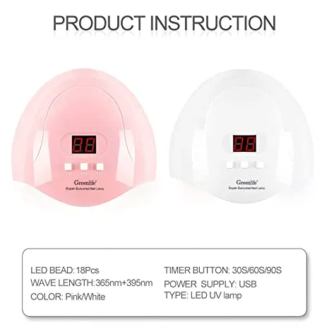 UV LED Nail Lamp GreenLife 54W 18pcs UV LED Nail Light Portable Nail Lamp Professional Fast Curing Nail Dryer for Acrylic Nails Gel Polish Travel