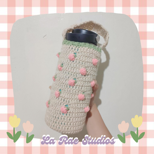 Crochet Strawberry Water Bottle Carrier With Keychain Handmade