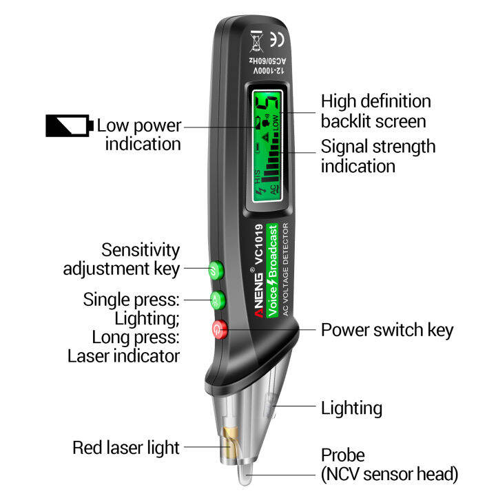 kkmoon-เครื่องทดสอบการออกอากาศด้วยเสียงแบบไม่สัมผัสปากกาทดสอบดิจิตอล-lcd-vc1019อัจฉริยะปรับความไวของปากกาปรับได้พร้อมตัวระบุเลเซอร์และไฟฉายปลุกแสง