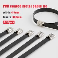 100Pcs/Lot 300mm Pvc Plastic Coated Ss304 Stainless Steel Cable Tie black wire binding wrap straps Plastic Zip Tie Cable Management