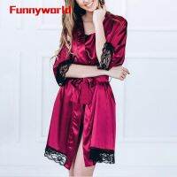 Women Ladies Sleepwear set Plus size Loose Mini Half sleeve Lingerie Robe Tie up Lace trim Women Casual Ladies